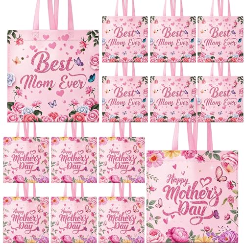 20 Pcs Mothers Day Bags Happy Mothers Day Bags Bulk with Handles Best Mom Ever Treat Candy Goodie Bag Flower Non Woven Reusable Bag for Happy Love Mom Decorations