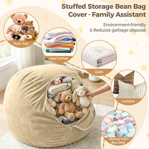 Image of Stuffed Animal Storage Bean Bag Chair Cover for Adults (No Filler), Soft Comfy Velvet Beanbag Chair Cover Machine Washable, Adults Bean Bag Chair with Handle for Living Room Bedroom, Camel