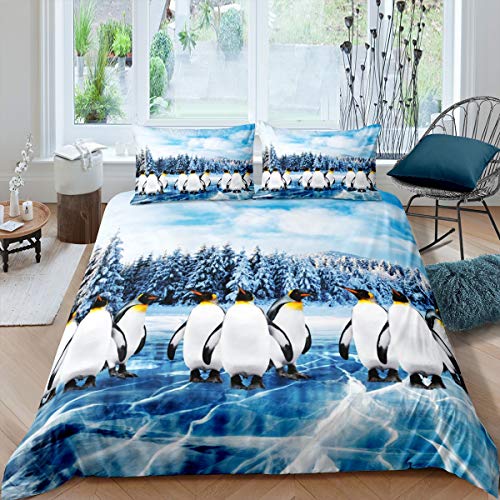 Pingouin pour Enfants Housse de Couette Double pour Filles et Enfants Animal Polaire d'hiver en Microfibre Bleu et Blanc