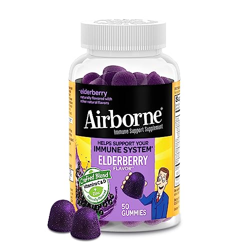 Airborne Elderberry + Zinc & Vitamin C Gummies For Adults, Immune Support Vitamin D & Zinc Gummies With Powerful Antioxidant Vitamins C D & E – 50 Gummies, Elderberry Flavor