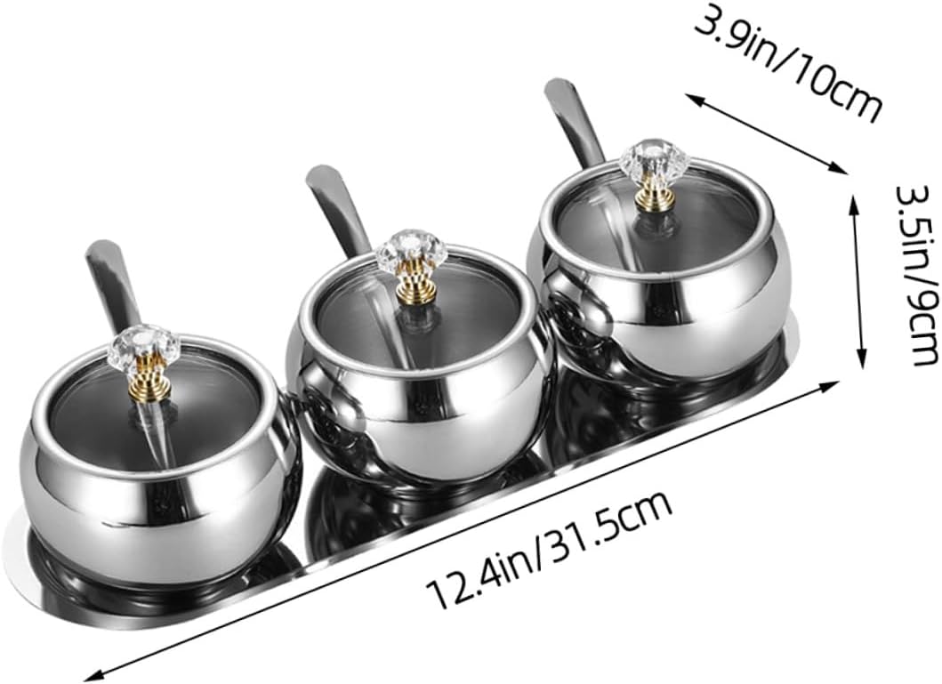 VICASKY Stainless Steel Seasoning Containers Set with Lid Spoon and Tray, Kitchen Spice Pots for Salt Sugar Coffee, Condiment Jar Storage Organizer, 4pcs Cooking Condiment Box