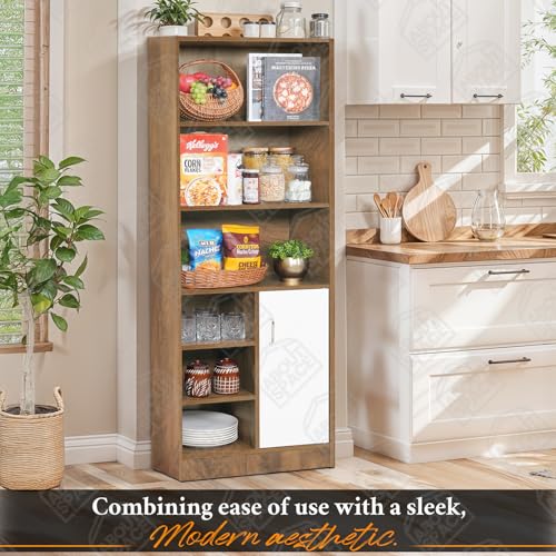 Image of ABOUT SPACE Kitchen Organizer Rack - 5.5 ft Wooden Kitchen Cabinet with 3 Long, 3 Adjustable Shelves, 1 Rack with Door & Adjustable Shelf for Home (White, Walnut - L 60 x B 30.5 x H 166.5 cm)