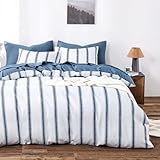 Wake In Cloud - Striped Comforter Set, Farmhouse Coastal Style with Vintage Ticking Vertical Stripe Pattern, Soft Lightweight Bedding, 3-Piece, Navy Blue, Queen Size