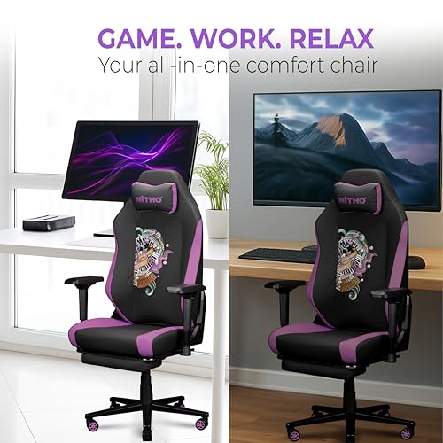 Image of NiTHO FORGE Gaming Office Chair | Ergonomic Reclining Computer Chair with Magnetic Headrest, Foldable Footrest, Adjustable Lumbar Support, 4D Armrests, Swivel Chair for Work or Study, Black & Violet
