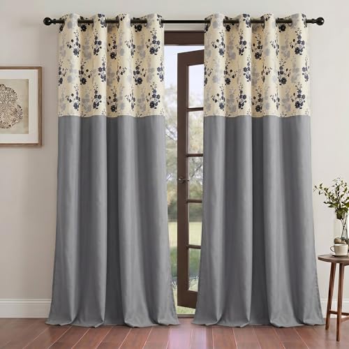 Image of Home Sizzler 2 Pieces Elegant Floral Printed Top with Solid Red Bottom Eyelet Polyester Curtains - 7 Feet Long, Grey