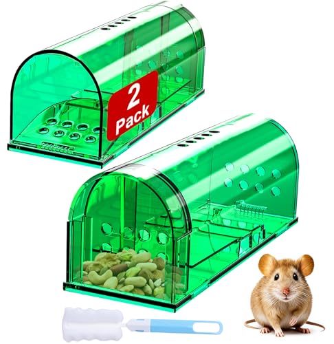 2 Pack Humane Mouse Traps, Reusable Mice Trap, Live Rat Cage Chipmunk Trap Indoor Outdoor for Home(Green)