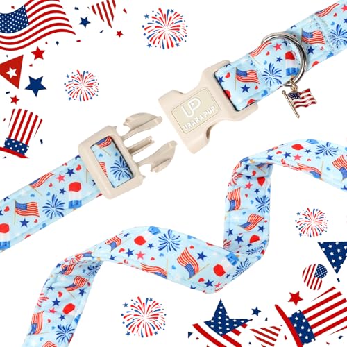 Image of Forth of July Dog Collar, 4th of July Comfortable Cotton Dog Collar, American Flag Collar for Puppy Girl Boy Dog or Cat, Patriotic Bowtie Collar with Metal Buckle, L