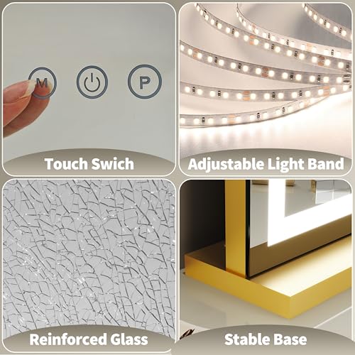 FENNIO 23" x 18" Vanity Mirror with Lights,LED Makeup Mirror,Hollywood Mirror with 3 Color Modes & Adjustable Brightness,Vanity Mirror Square Gold