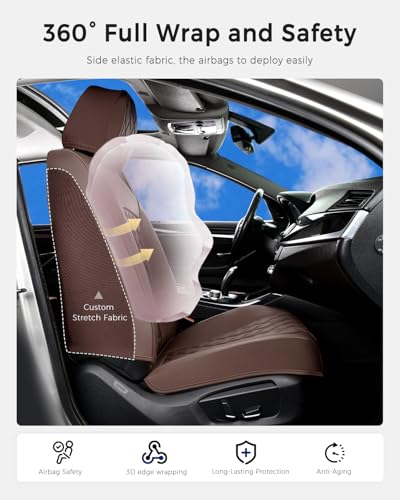 Image of Huidasource Coffee Front Seat Cover, Nappa Leather Front Car Seat Cover, Side Elastic Fabric, Compatible with Airbags, Seat Belts, Universal Fit for Most Cars, Vans, Trucks, SUV (Front Pair /Coffee)