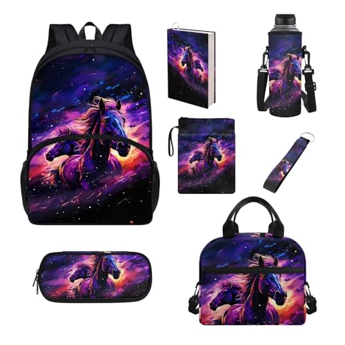 Set di 7 pezzi zaino per scuola elementare primaria sencondaria ragazze ragazzi bookbag borsa pranzo astuccio Cavallo Galaxy Taglia unica Set di zaini per la