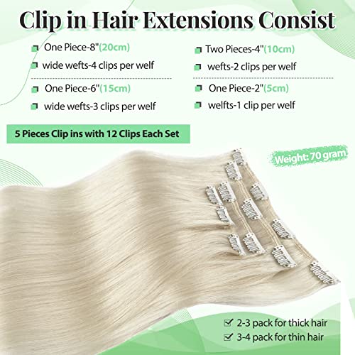 Image of Platinum Blonde Clip in Hair Extensions Real Human Hair Blonde 70g 5pcs Remy Hair Extension Clip ins Double Weft Handmade Straight Seamless Clip in Extensions for Women Thick Ends 16 Inch