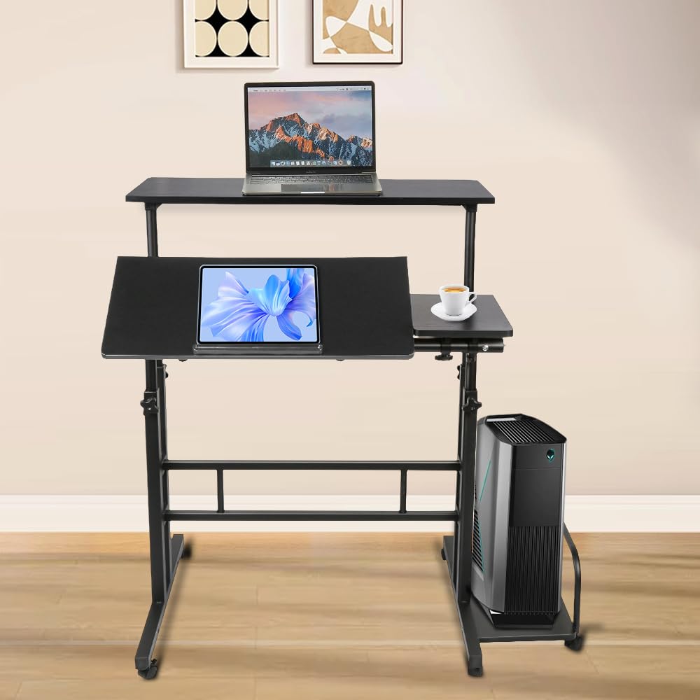 Scrivania in piedi regolabile in altezza con 6 ruote, inclinabile, tavolo compatto per PC per casa, ufficio, postazione di lavoro sit-stand (80 + 22) x 60 cm