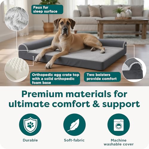 Image of FurHaven Orthopedic Dog Bed for Large Dogs, L-Shaped Chaise Mattress, Egg Crate with a Solid Orthopedic Foam Base for Joint Support, Removable Washable Cover, Jumbo XL, Plush & Velvet, Sable Brown
