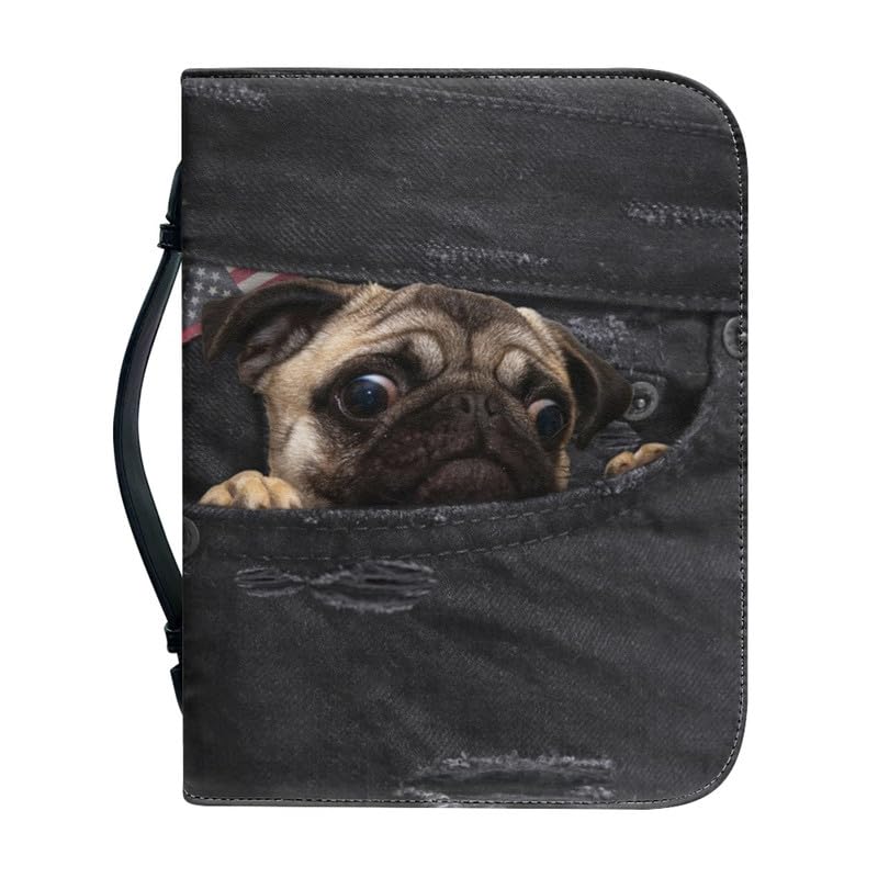 Kuiaobaty Pug Dog Print Book Cover with Inside Pen Pocket, Novelty Jeans Pocket Dog Leather Book Case Bag Handle Notebook Carry Bag — image 1