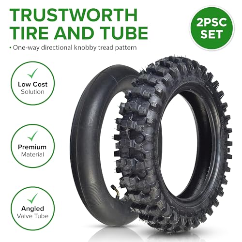Image of AlveyTech 3.00-10 Tube and Tire Kit for Dirt Bikes (Single) - Replacement Bundle for Coolster, Baja, Pit Pocket Mini Bike, Directional Knobby Tread, Pneumatic Rubber Tires, 2-Wheeler Accessories