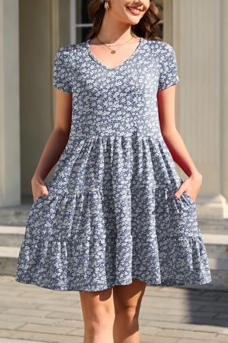 Image of nclook Womens Summer Casual Dress Sweet Cute V Neck Mini Dress with Pocket Short Sleeve