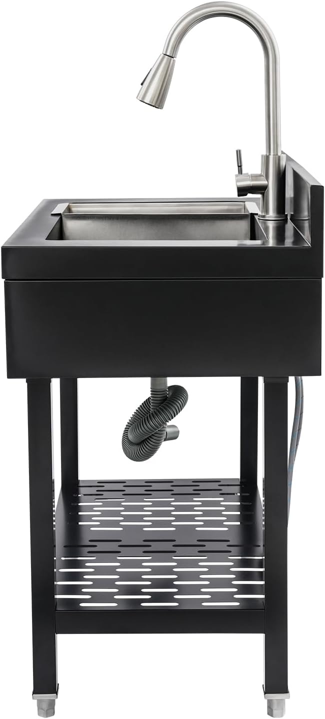 Utility Sink,27.5"/35.4" Stainless Steel Single Bowl with Pull-Out 360°Rotatable Faucet,Soap Dispenser,Freestanding Rectangular Sinks for Kitchens Bathrooms Garage Laundry Room (Black, 27.5in)
