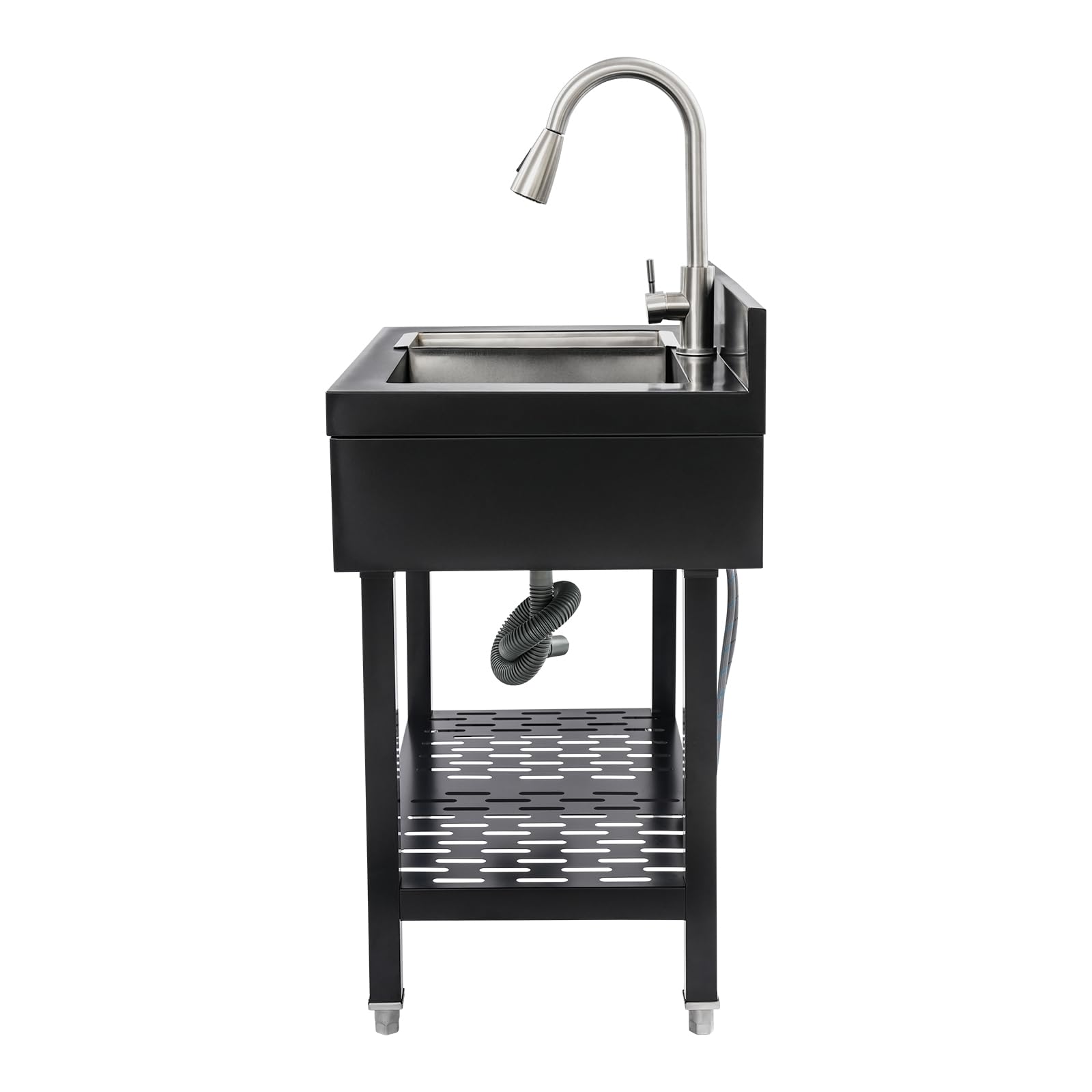 Évier de cuisine sur pied avec robinet extensible, évier en acier inoxydable, évier extérieur, lavabo de jardin, pieds réglables, jusqu'à 150 kg, 70 x 50 x 90 cm, noir