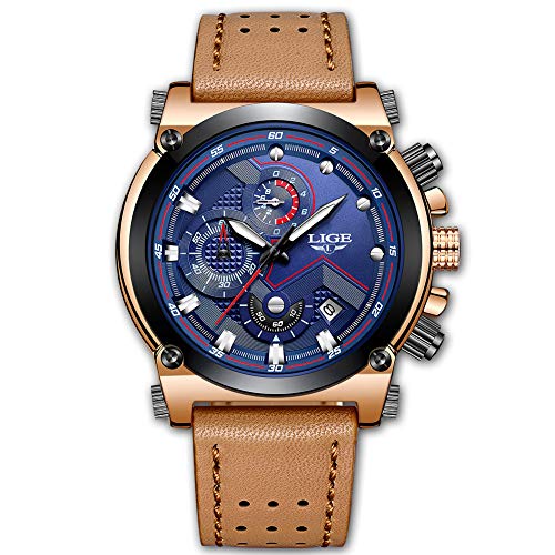 Preisvergleich Produktbild LIGE Uhren Herren Chronograph Wasserdicht Analog Quarzuhr Lederband 9856C Blau Braun