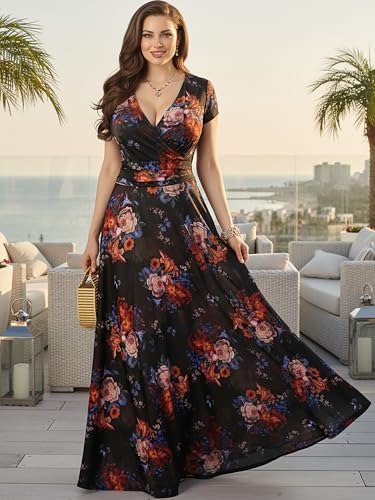 Image of KOH KOH Womens Short Cap Sleeve Summer Floral Print Long Casual Maxi Dress