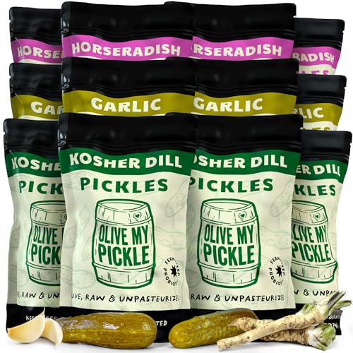 Olive My Pickle Fermented Pickles Variety Pack - 384 oz | 12-Pack Bundle of Kosher Dill Pickles, Garlic Dill Pickles, Horseradish Pickles & Brine with Digestive Enzymes for Gut Health - 32 oz per bag