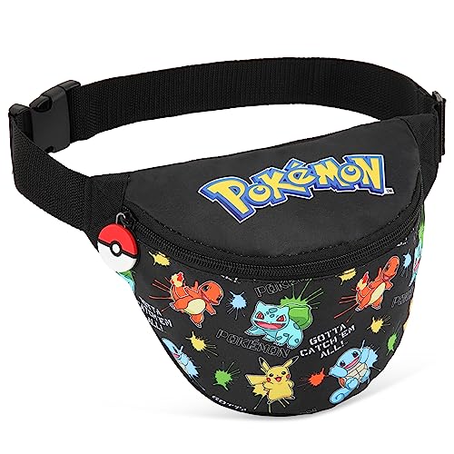 Pokemon Bag Kids Bum Bag Boys Girls Bags Travel School Festival Lightweight Adjustable Fanny Pack Waist Bags Zipped Pocket Pikachu Pokemon Gifts for Boys (Black Aop)