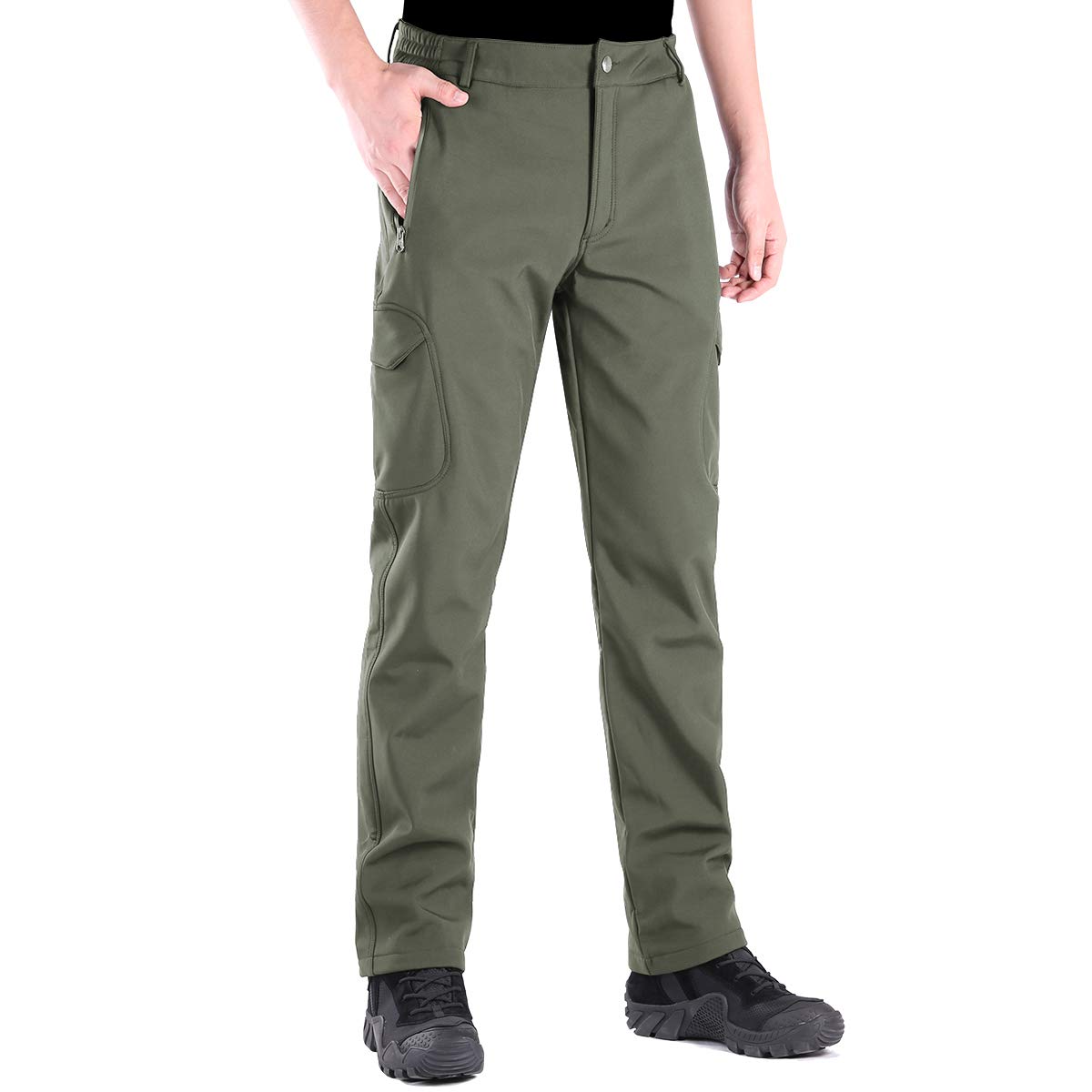 FREE SOLDIER Walking Trousers for Men Winter Waterproof Trousers Outdoor Hiking Trousers Softshell Thermal Fleece Lined Overtrousers (Green,38 Tall)