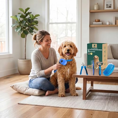 Image of Self Cleaning Slicker Brush for Dog Shedding & Deshedding Grooming | Fluff & Detangle Short Long Hair, Ideal for Dogs & Cats Heavy Dense Wavy Curly Coats to Easily Prevent Severe Matting at Home