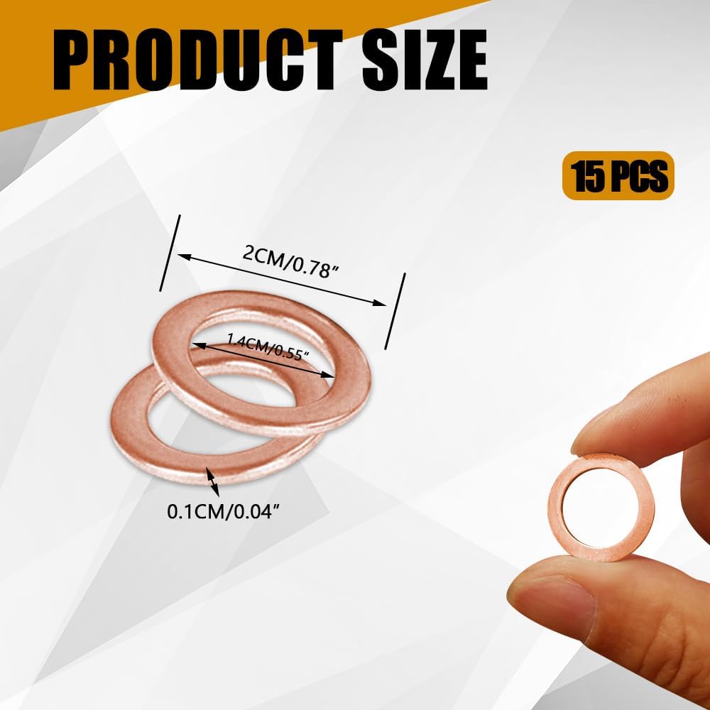 15PCS Oil Drain Plug Gasket, Drain Plug Washer, 14mm Copper Crush Washers Oil Sealing Gasket, Car Accessories Oil Pan Drain Plug Crush Washer Replacement for OEM PN Part 007603-014106