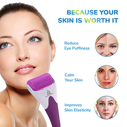 Ice Roller Face Massager - Therapeutic Cooling to Naturally Tone & Tighten | Brighten Complexion and Reduce Wrinkles, Under Eye Puffiness | Facial Cool Ice Rollers for Migraine + Pain Relief (Purple)