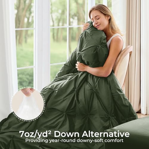Image of Sasttie King Size Comforter Set, 7-Piece Bed in a Bag, Pintuck Bedding Sets for All Season, Includes Comforter, Flat Sheet, Fitted Sheet, Pillowcases and Pillowshams, Dark Green