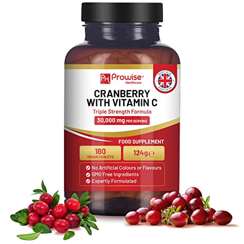 Arándano rojo de triple potencia 30 000 mg añadido con vitamina C - 180 comprimidos veganos I Comprimidos fáciles de tragar I Fabricado en el Reino Unido por Prowise Healthcare