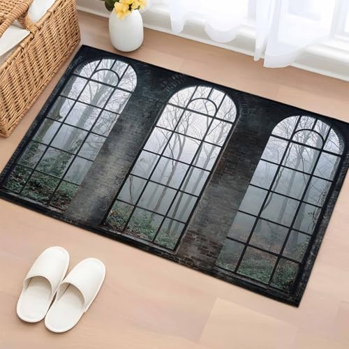 Retro Arched Window Entryway Rug 2'x3', Vintage Stone Wall Mystery Forests Fogs Small Area Rug Non-Slip Front Door Mat Washable Floor Carpet for Indoor Entrance Kitchen Bathroom