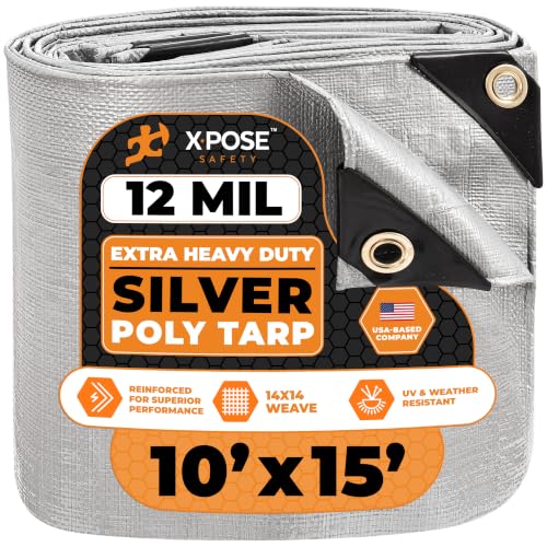 Image of Heavy Duty Silver Poly Tarp 10' X 15' - Multipurpose Protective Cover - Durable, Waterproof, Weather Proof, Rip and Tear Resistant - Extra Thick 12 Mil Polyethylene - by Xpose Safety