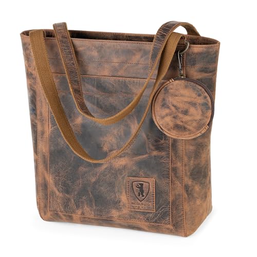 BERLINER BAGS Vintage Genuine Leather Tote Bag Seville, Handbag, Large Shopper for Women - Brown