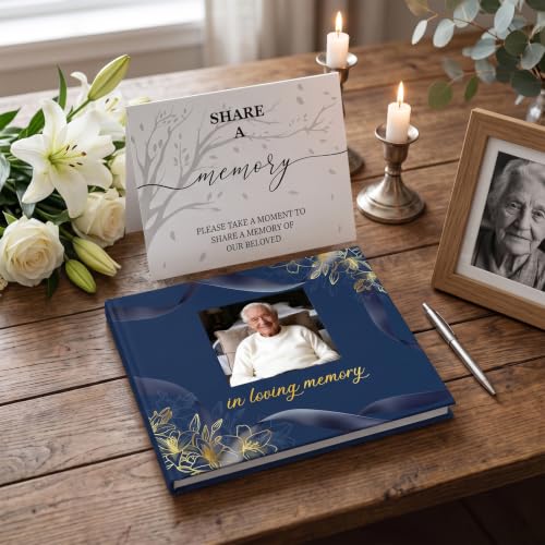 Image of Funeral Guest Book, in Loving Memory Sign in Book with Photo Slot | 330 Entries, Table Sign Card Included, Gold Stamping, Hardcover, Celebration of Life Keepsake, 9x7.5 inch, Navy