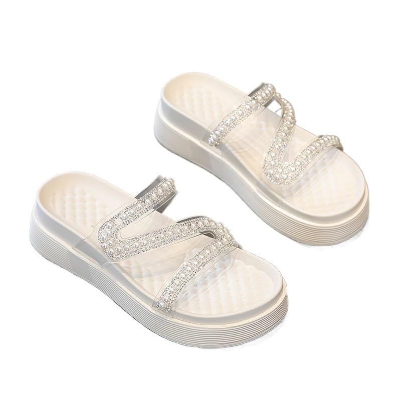 Thick Soled Sandals for Women Wearing Versatile Rhinestone Sandals Sponge Cake Lazy Half Slippers