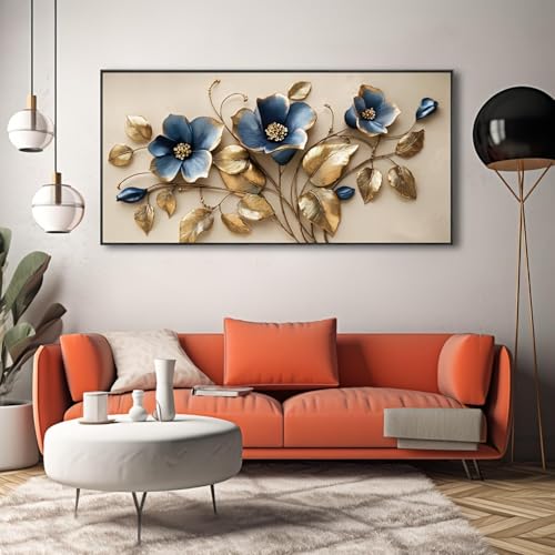 Tableau métal 3D relief abstrait or et bleu grand format de qualité premium