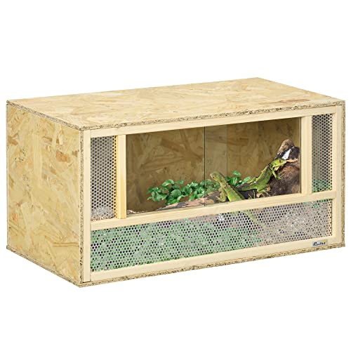 PawHut Terrarium en Bois OSB pour Reptiles et batraciens avec Porte coulissante en Verre - 80 x 40 x 40 cm Naturel