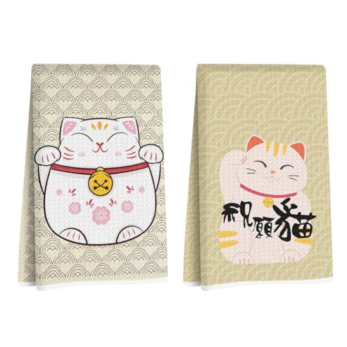 Image of 2 Pcs Japanese Lucky Cat Kitchen Towels 24x14 Inch, Maneki Neko Gifts Reusable Dish Towels for Kitchen Bathroom Decor, Waffle Weave Hand Cloth Tea Towel, Cute Cat Lover Gifts for Women Mom Friend