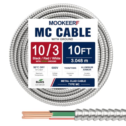 Image of MOOKEERF 10 /3 MC Cable with Ground - 10FT Pure Copper 10AWG /3 Metal Clad Wire with Aluminum Armor 10 Gauge 3 Conductor Type MC Alum Cable