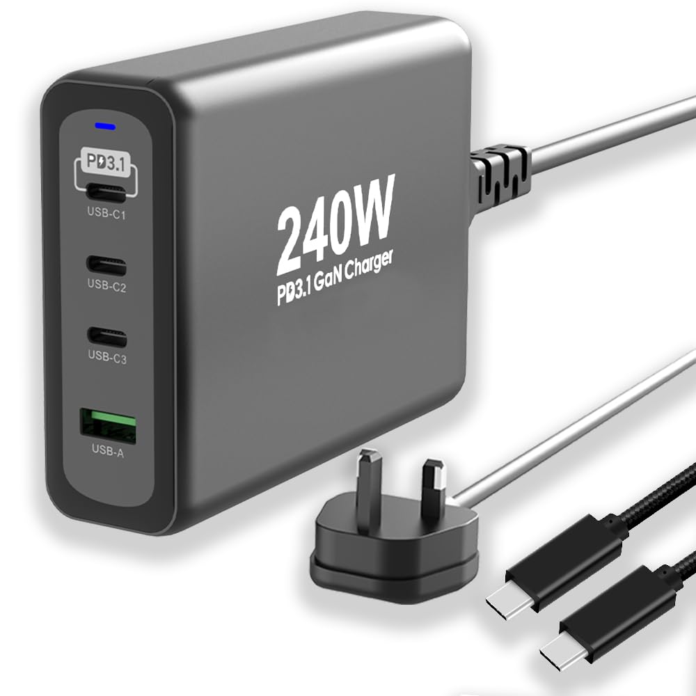 240W USB C Fast Charger 140W+100W Multi-Function GaN Power Adapter PD 3.1 USB C Fast Charging Station Wall Plug Compatible with Mobile Phones, Laptops, Headphones etc. (included 100W usb c cable)
