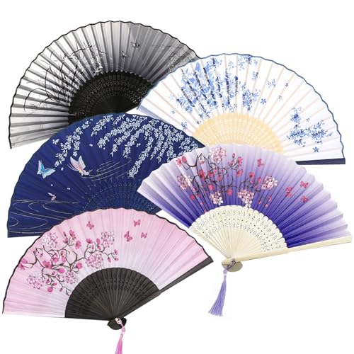 Lot de 5 Éventails Japonais en Bois Éventail de Poche pour Decoration Mariage Murale Cadeau Anniversaire Fête Carnaval