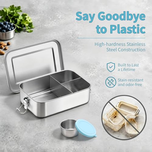 E-far Stainless Steel Lunch Box with 3 Compartments, 47oz for Kids & Adult by E-far - Used condition - Image 7