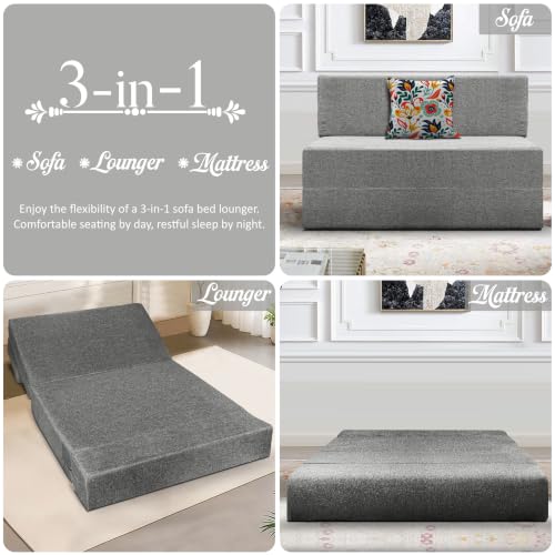 Image of Los Angeles Foldable One Seater Sofa Cum Bed, Sofa Bed 3 X 6 Feet Jute Fabric Washable Cover- Including Cushion Perfect for Living Room - Grey