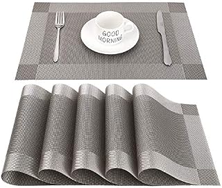 CHAOCHI Placemats Set of 6,Easy to Clean Non-Slip Heat Resistant Dining Table Mats,Washable Crossweave Woven Vinyl PVC Place mats,45CM x 30CM (Grey+Silver)