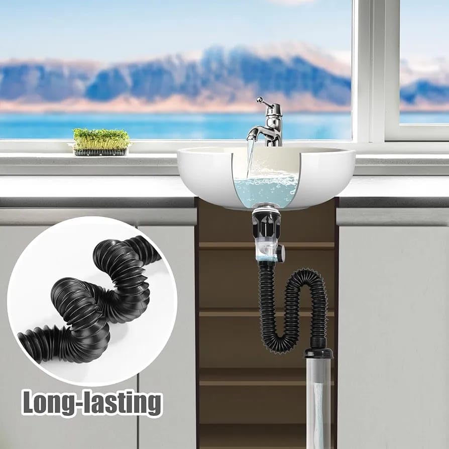 NH Fashion Hub 2 in 1 Sink Drain Kit with Flexible Expandable P-Trap Sink Drain Pipe Tube Anti-Odor Bathroom Sink Drain Pipe, Drain Hole, Built-in Anti-Clogging Stopper, Black Bathroom Sink Drain. 3