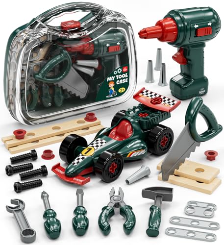 Lehoo Castle Boîte à Outils Enfant 2 3 Ans, Jouet Montessori Garçon 3 4 5 Ans avec Perceuse et Démontables Voitures de Course, Etabli Mallette Cadeau...