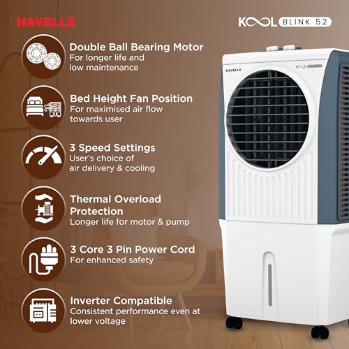Image of Havells KoolBlink 52 L Air Cooler for Room|Powerful Air-Delivery|Dual Flow Technology|3 Side Bacteria Shield Honeycomb Pads|Double Ball Bearing Motor|Front Wheels with Brake|Inverter Compatible