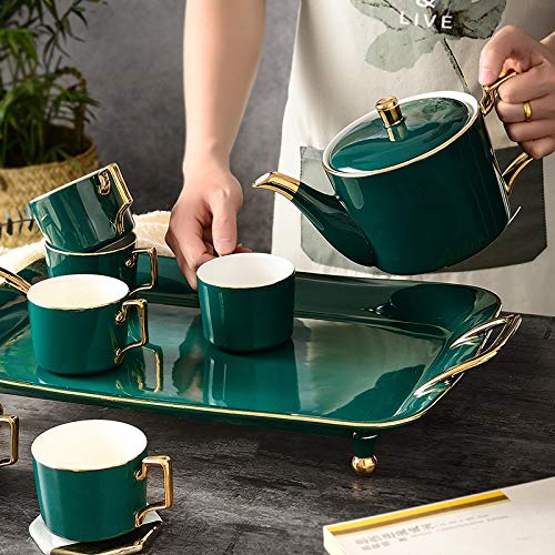 NJBYX Juego de té de café de cerámica Nórdico Dibujo Oro Verde Cafetera Taza Jarra de leche Azúcar Bandeja Set de té de… - Imagen 4
